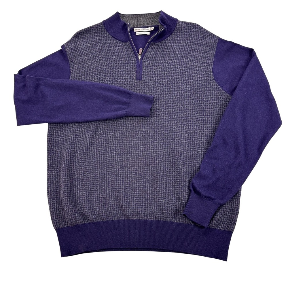 Peter Millar Sweater Mens Large Purple Merino Wool Cotton 1/4 Zip Check Knit